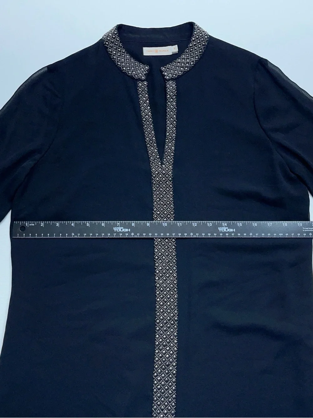 Tory Burch Silk Blouse Womens Size 10 Black Embellished Long Sleeve Front Lined
